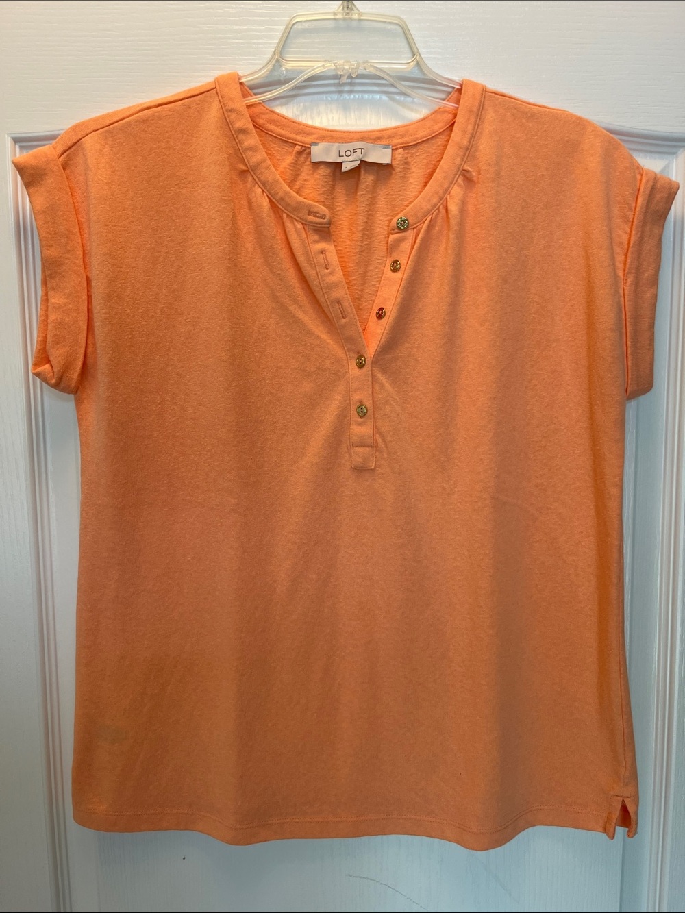 LOFT Dolman Sleeve Henley Tee in Melon with Gold Buttons